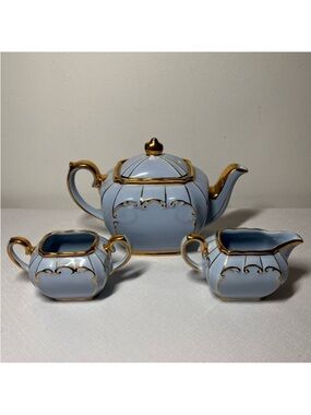 Sadler Louis Cube Teapot Cream Sugar, Blue and Gold, Made in England. Vintage